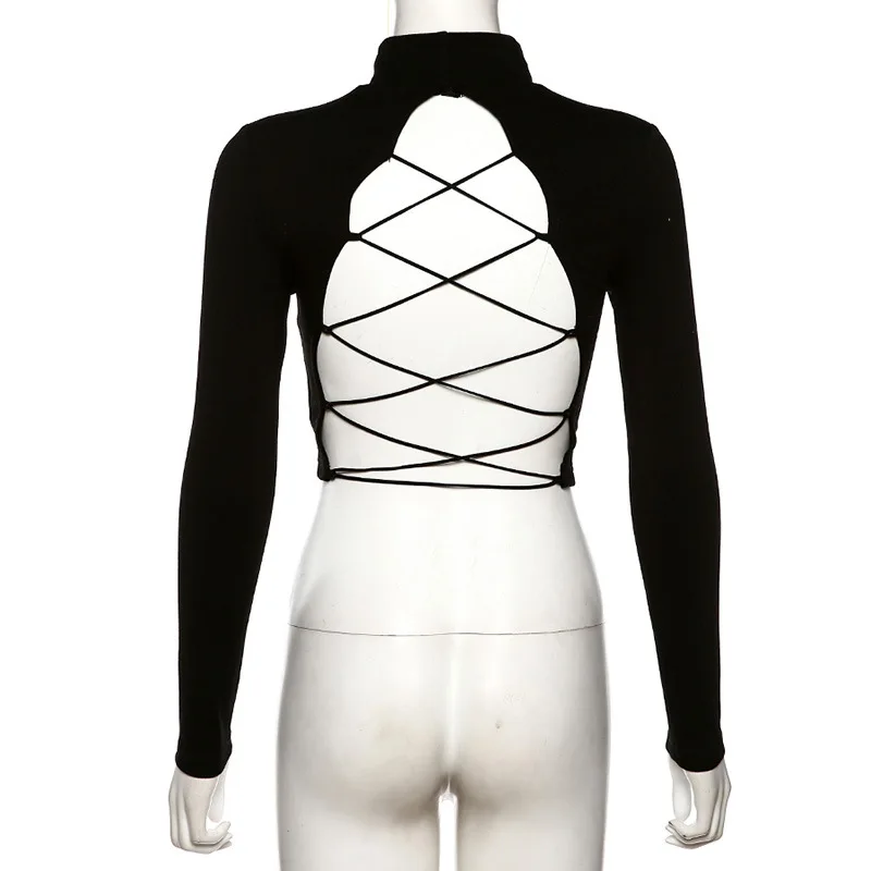 

Autumn 2021 Fashion Hot Sale Solid Color Ladies T-shirt Half High Collar Long Sleeve Backless Bandage Sheath Sexy Women T-shirts