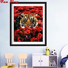 Алмазная живопись, красные цветы и тигр, полная круглая вышивка Стразы, алмазная вышивка, животное, мозаика