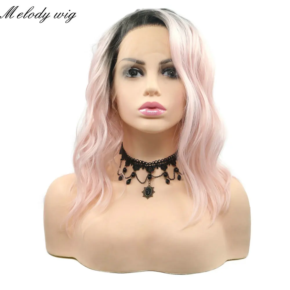 

Melody Synthetic Lace Front Wigs Heat Resistant Fiber Dark Roots Ombre Pink Short Wavy Bob Side Part for Women Natural Looking