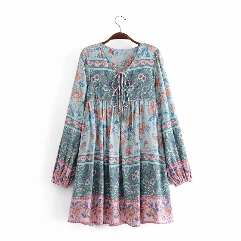 

2021 new arrivals women's clothing early spring new loose and thin tassels bohemian long-sleeved middle print dress women