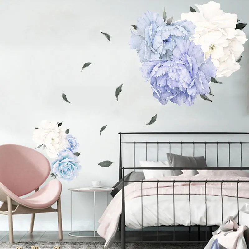 Наклейки на стену с голубыми пионами для гостиной спальни дивана виниловые
