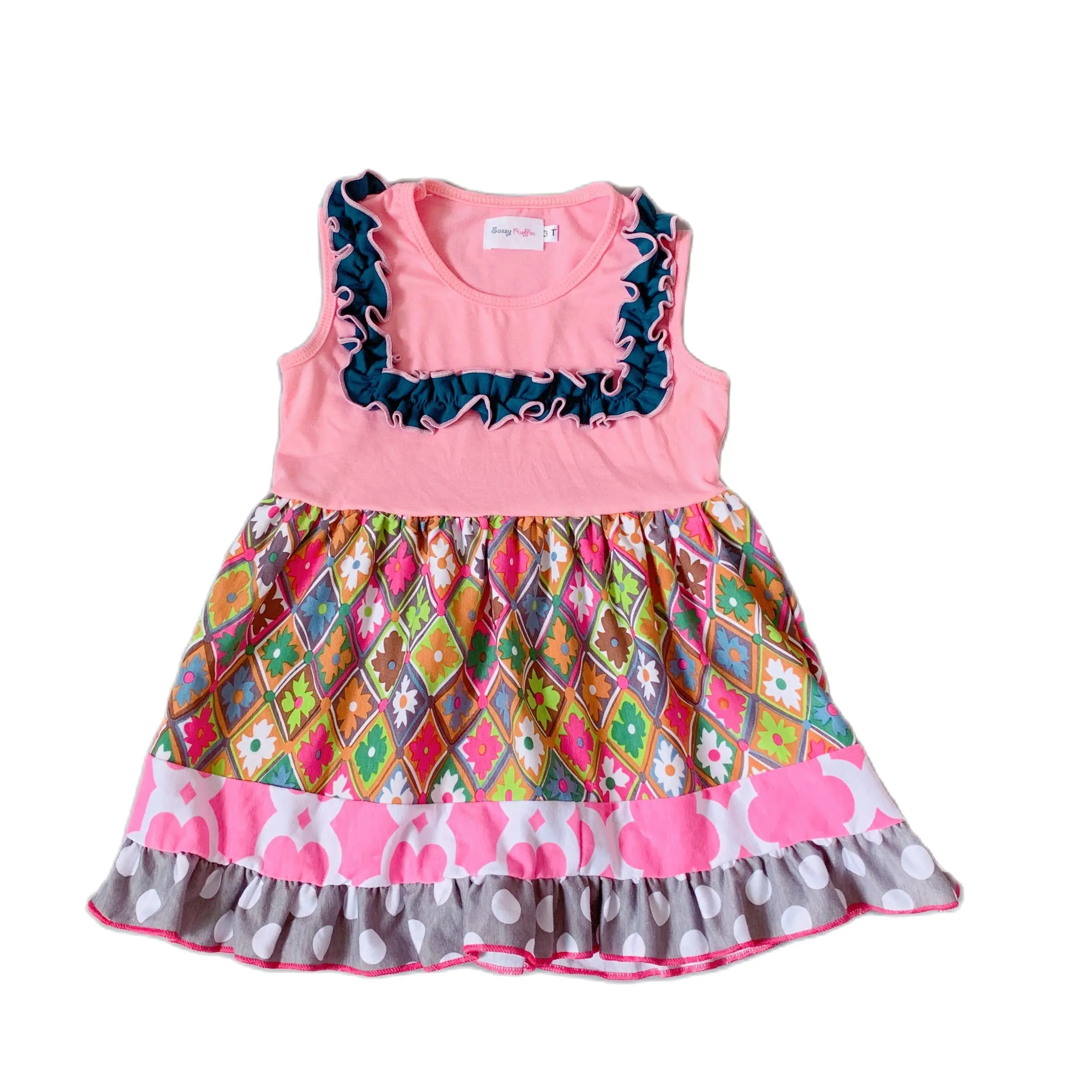 Летние розовые топы для маленьких девочек с темно-синим воротником оборками и