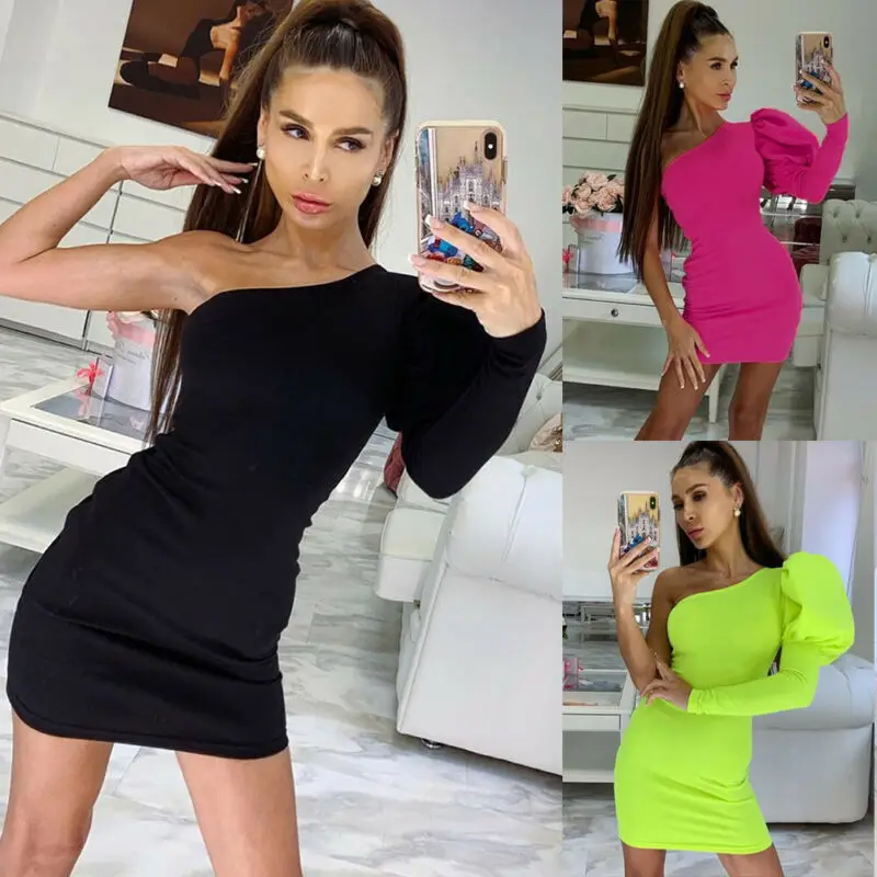 Модное женское сексуальное вечернее платье однотонное на одно плечо облегающее