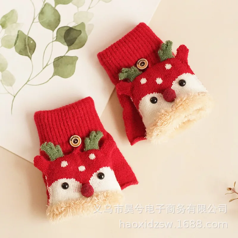 

Winter out warm Plush thickened cold proof Christmas cartoon children's Half Finger flip reindeer gloves