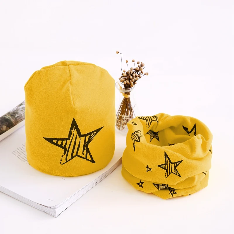New Cotton Baby Pom Hat Winter Warm Kids Hats Scarfs Set Star Printing Beanie Soft Comfortable Children Cap | Детская одежда и