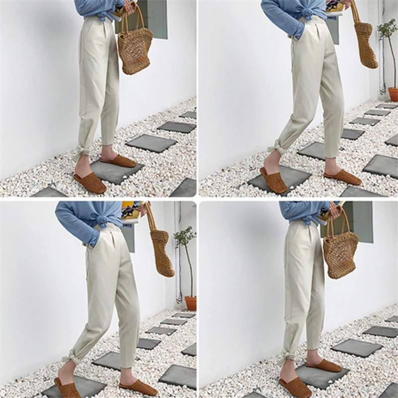 

Women's Spring Summer Spring Autumn 2021 Women Harem Pants High Waist Lace Up Bow Elegant Wild Lady Ankle-Length Trousers