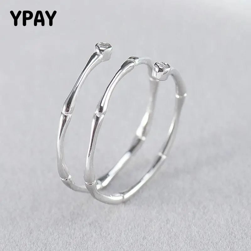 

YPAY 100% Real 925 Sterling Silver Ring Bamboo Texture Double Spiral RZircon Opening Ring Korean Fine Jewelry Gifts YMR462