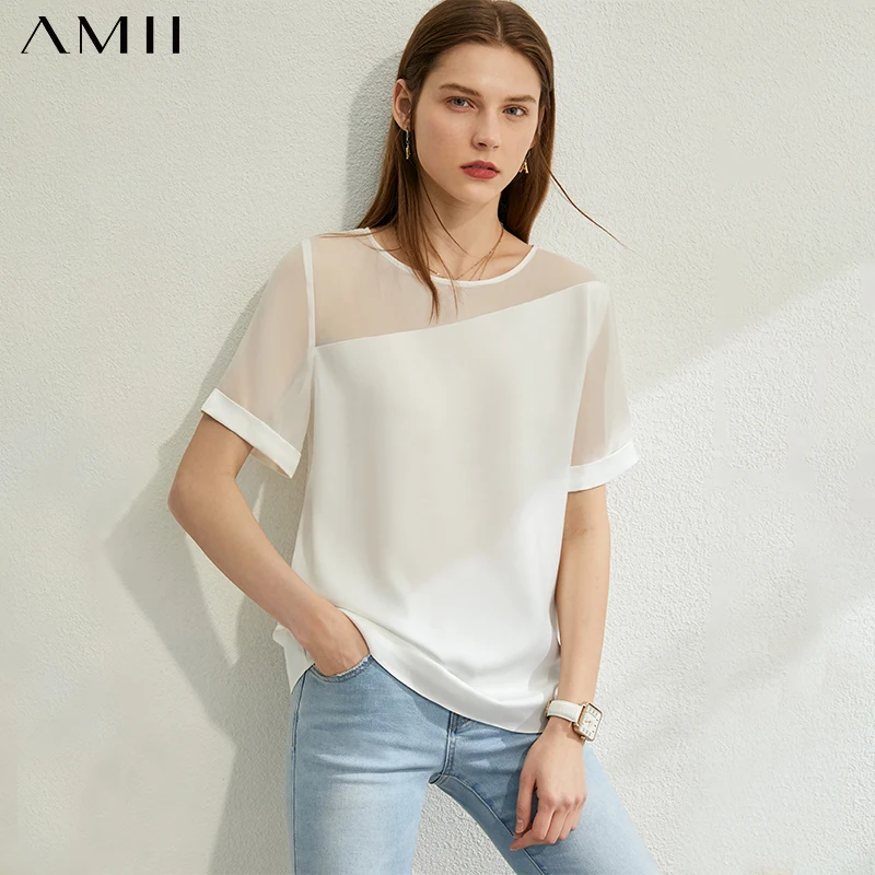AMII минимализм Весна Лето Мода Кружева Сращивание тонкая женская блузка