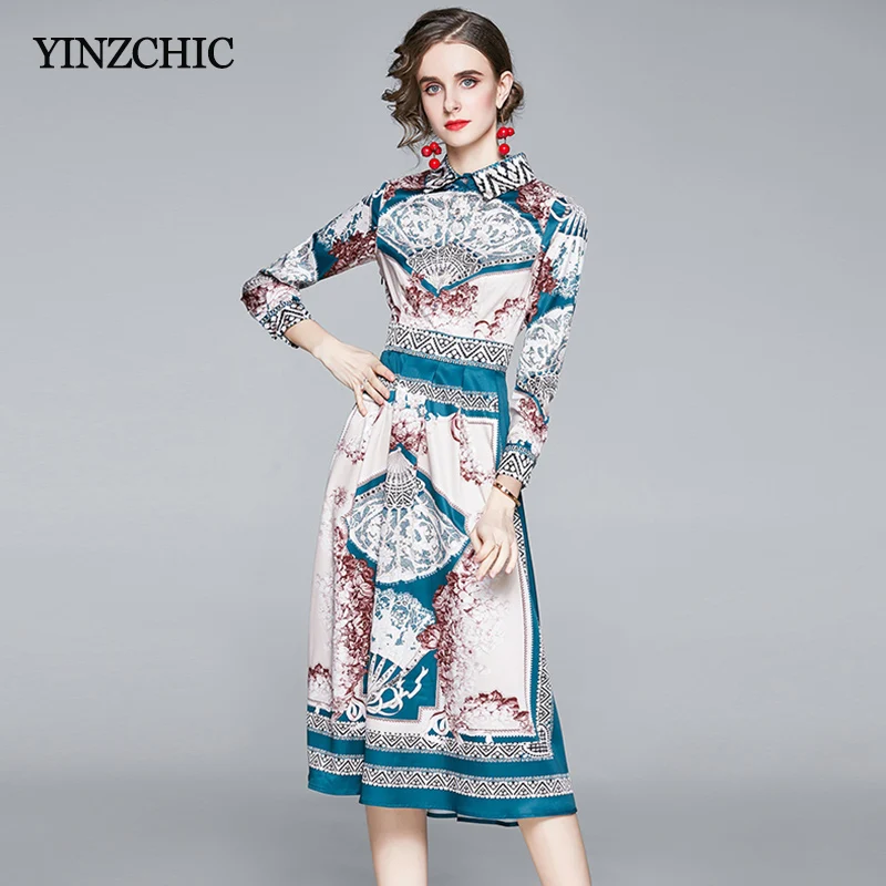 

Spring Woman Print Dress Elegant Slim A-line Shirt Dresses for Office Lady Summer Mid Skirts Party Dress Women