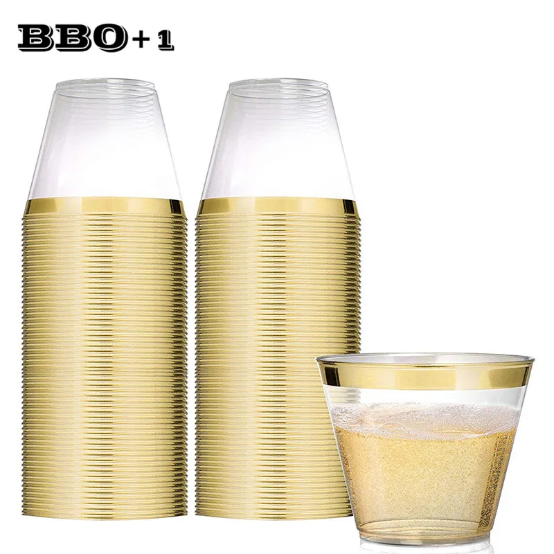 25/50/100pcs Disposable Plastic Cups with Gold Rim 9OZ Wedding Party Tumblers Gold Bronzing Drinking Cups Bulk Christmas Party