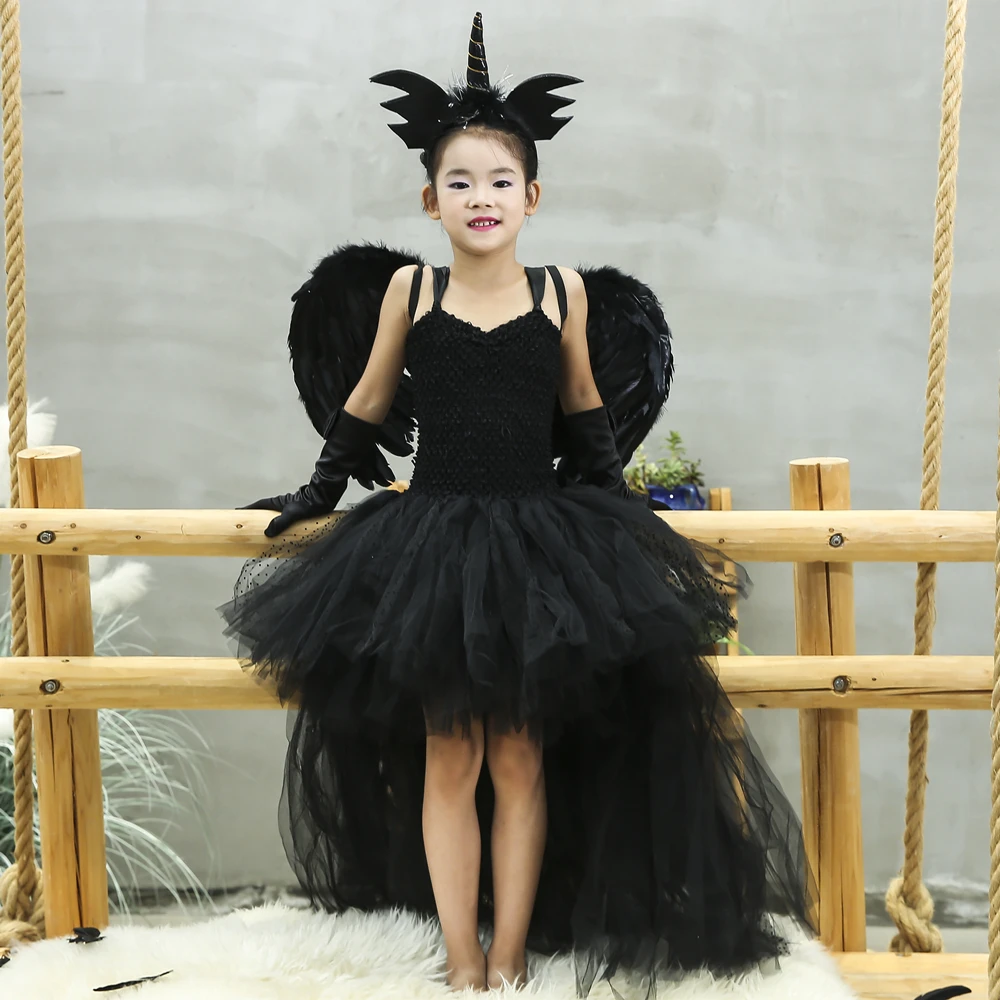 Хэллоуин Темный Единорог Костюм Платье пачка V образным вырезом дети девочки