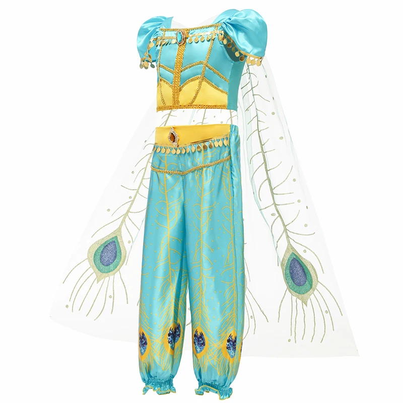 Jasmine Cosplay Costume Full Set Girls Princess Skirt Aladdin Costumes Necklace Crown Earring Jewelry Suit Halloween Dresses