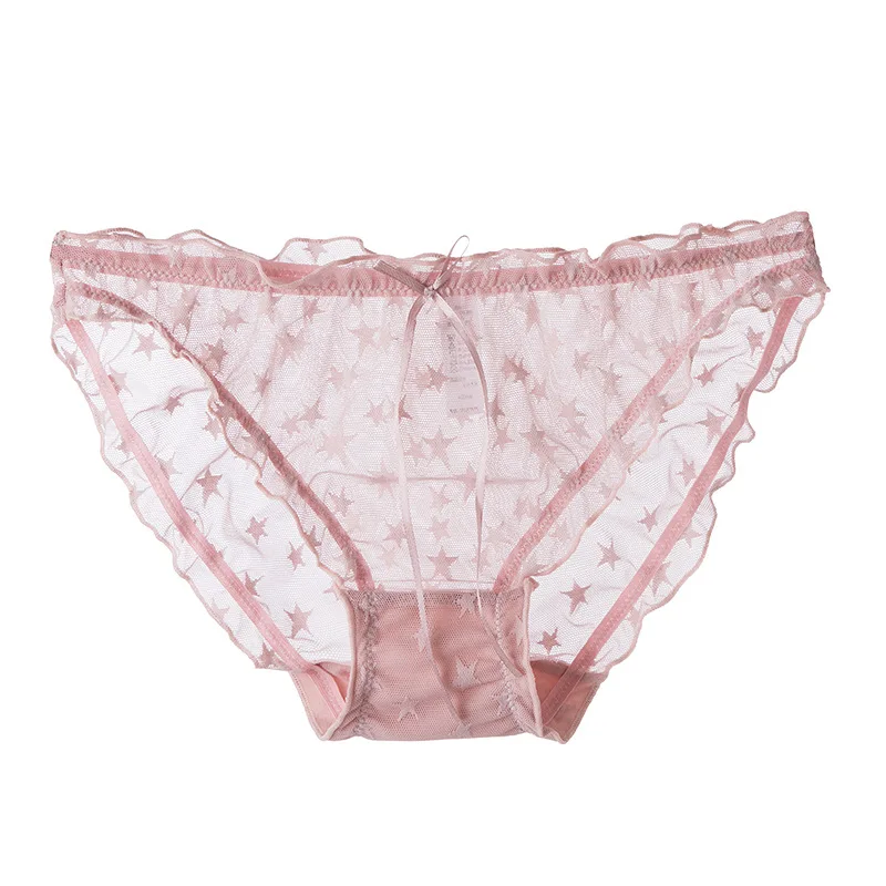 

5 Colors New Star Net Yarn Panties Women Cotton Crotch Japanese Perspective Sexy Low Waist Bow Lace Transparent Personality