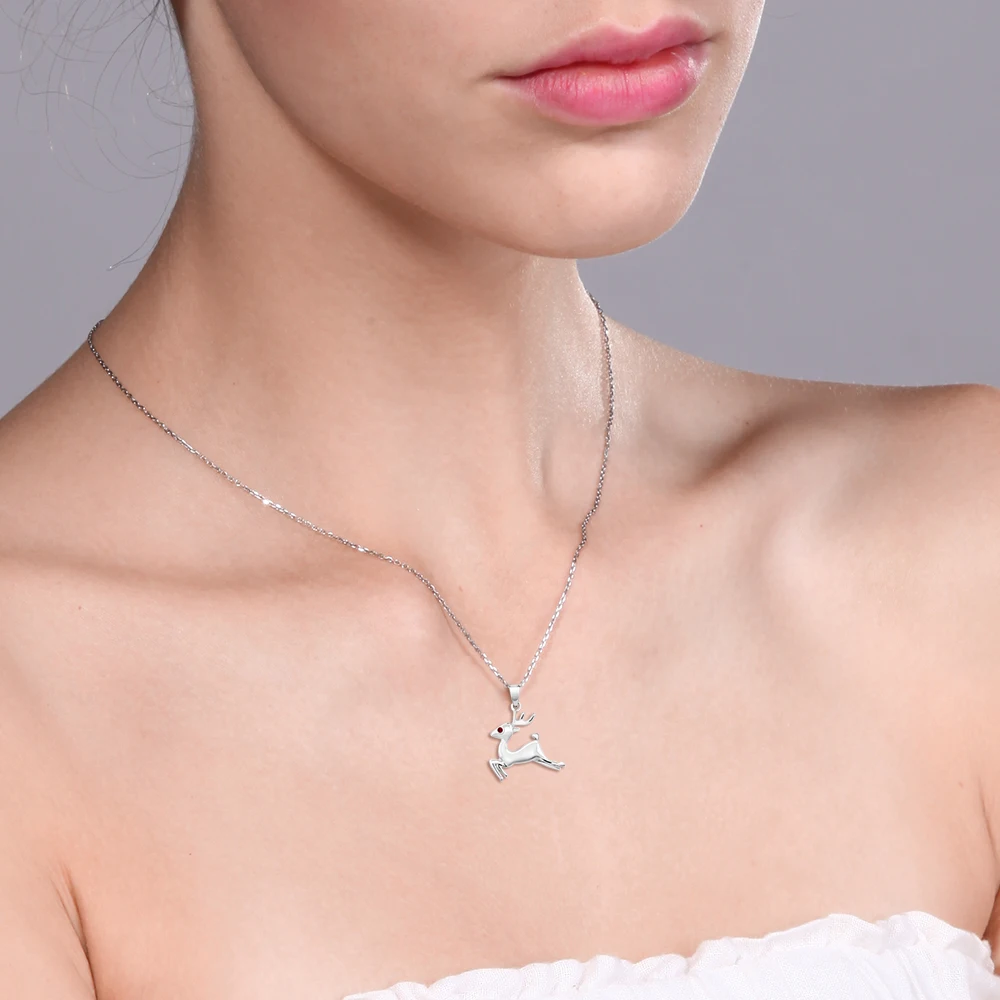 GemStoneKing Girl's 925 Sterling Silver Reindeer Pendant Round Red Created Ruby Necklace Animal Jewelry Christmas Gift|silver clubwear|pendant