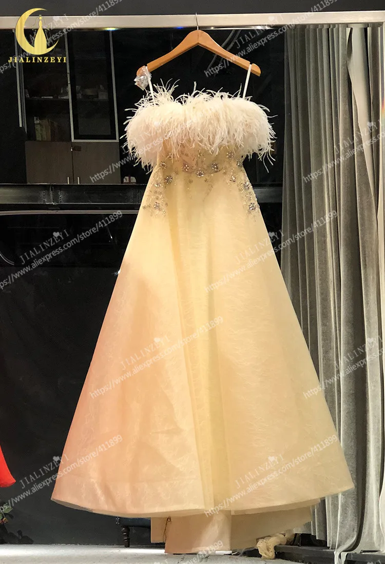 Rhine Real picture Strapless with Feather Crystal A-line Fashion Beads women evening dress long formal dresses