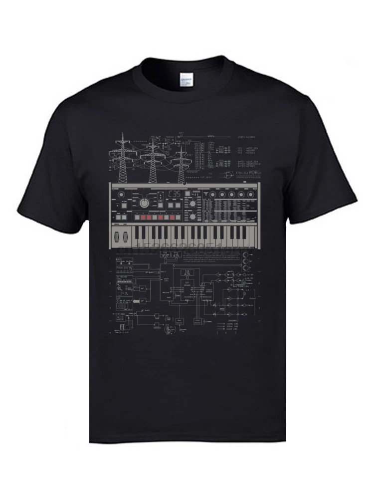 

Electron Music Synthesizer Illustration T-Shirts For Men 100% Cotton Music Band Club Tops Tees Electronic Keyboard AM T-shirts