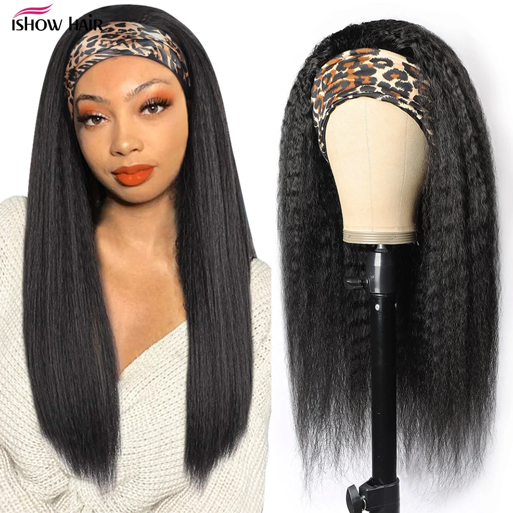 

Ishow Headband Wig Kinky Straight Human Hair Wigs For Women Yaki Hair Glueless Full Machine Made Wigs Brazilian Scarf Wig