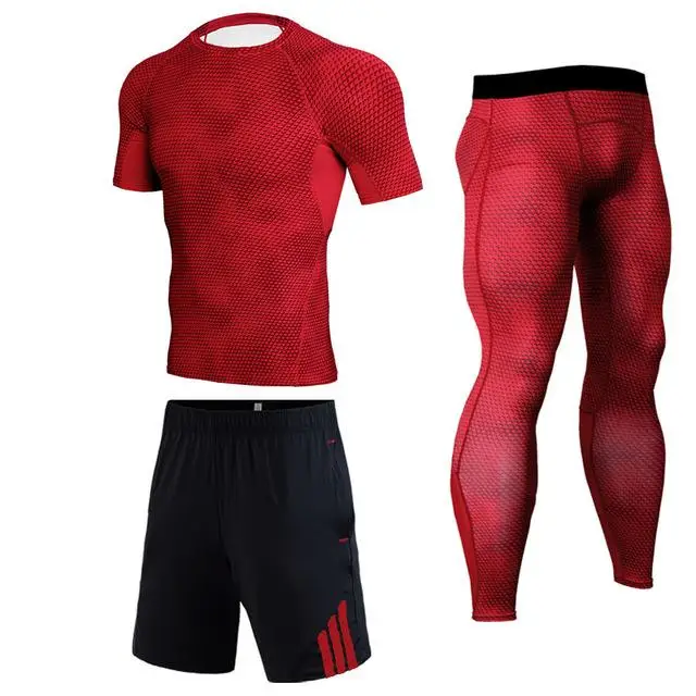 red 3 short Сжатое термобелье костюм зимний теплый спортивный костюм мужские колготки футболка свитгетры бодибилдинг одежда Рашгард мужской 4XL - Цвет: red 3 short