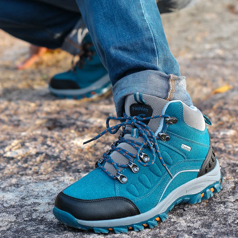 Autumn Blue Unisex Hiking Shoes Men Outdoor Hiking Boots Women High Top Non-slip Trekking Hunting Sneakers Male Climbing Shoes