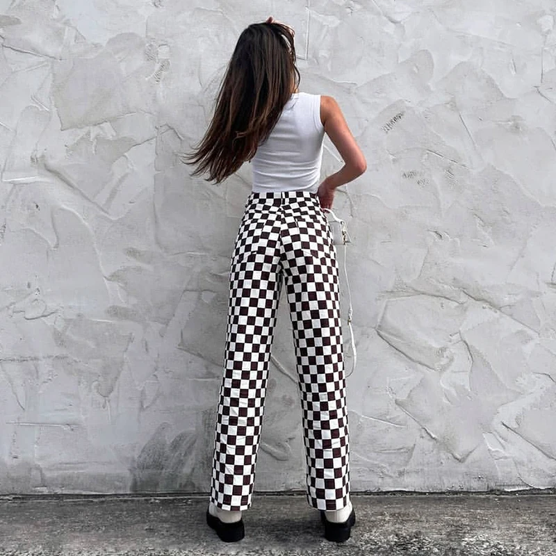 

IAMSURE Slim Plaid Trousers Women 2021 Casual High Waisted Wide Leg Pants Streetwear Y2K Aesthetic Sweet Cute Bottom Ladies 90S