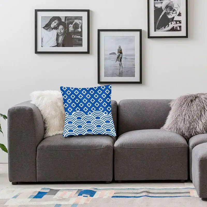 

Blue Wave And Geometric Pattern Pillowcover Decoration Japanese Ocean Wave Art Cushions Throw Pillow for Sofa Double-sided Print