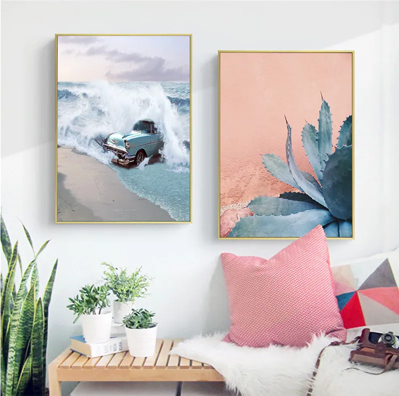 Tropical Wall Decor Blue Car Water Wave Canvas Print Botanical Art Succulent Cactus Painting Picture Posters | Дом и сад