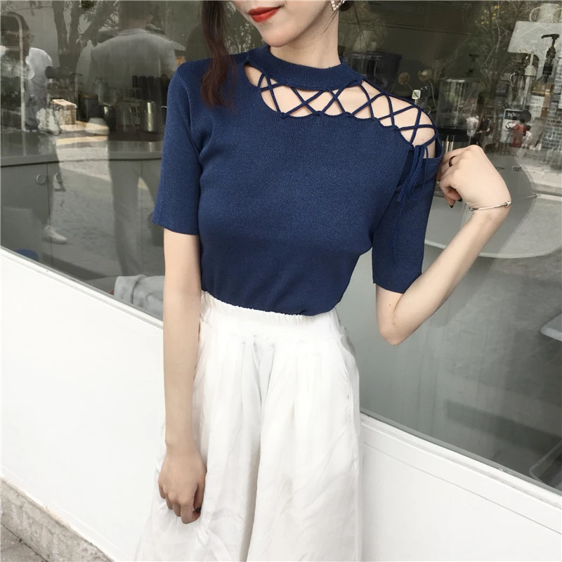 

Women Sweaters Knitwear Womens Short Sleeve Western Style Inner Wear Clavicle Top Scheming Sweater M73