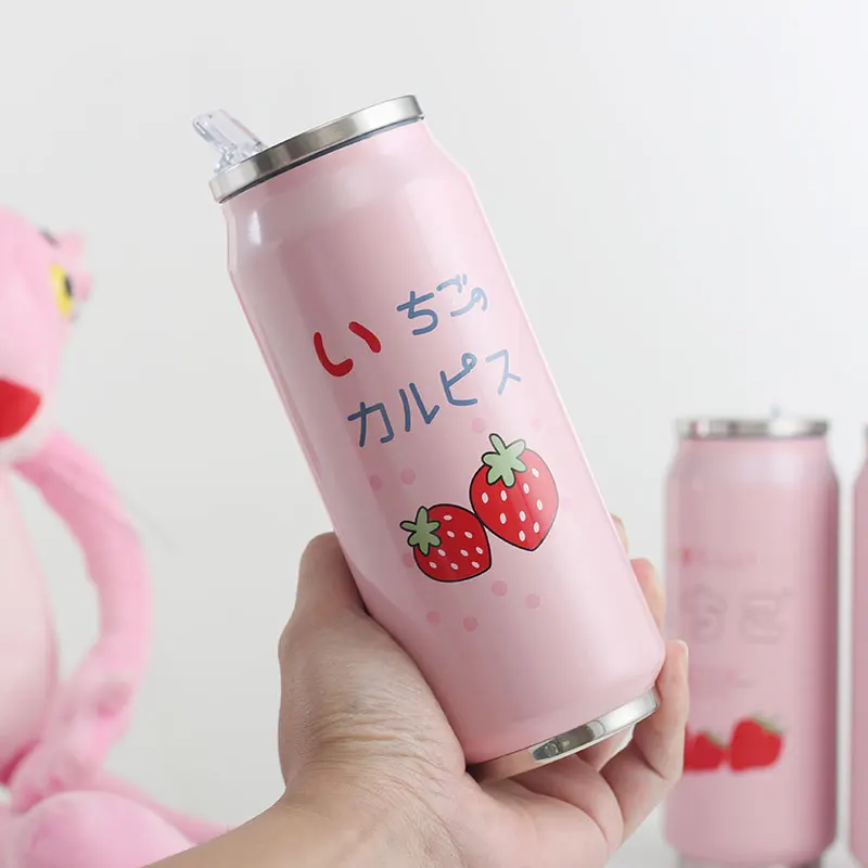 Розовый клубничный с соломенной чашкой модные женские банки для студенток чашка