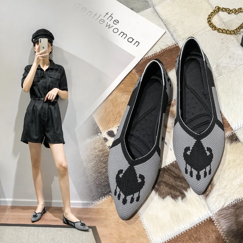 35-43 Casual Women Soft Shoes Breathable Knit Pointed Shoes Women's Flat Shoes Ballet Single Shoes Comfortable Pregnant Shoes