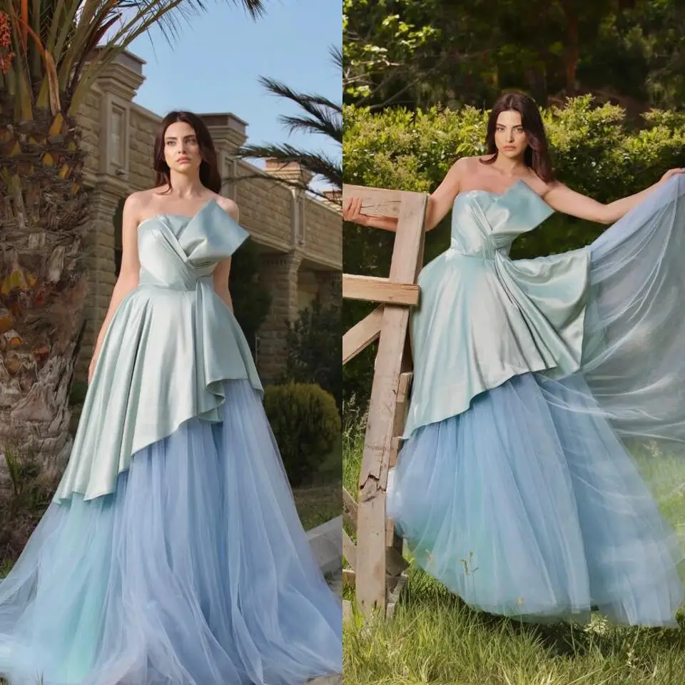 

2021 элегантное голубое небо Мода длинное Длина вечерние платья с фатиновой юбкой вечернее торжественное платье Милая воротником вечернее п...