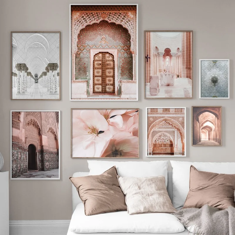 

Pink Morocco Door Building Mosque Flower Wall Art Canvas Painting Nordic Posters And Prints Wall Pictures For Living Room Decor
