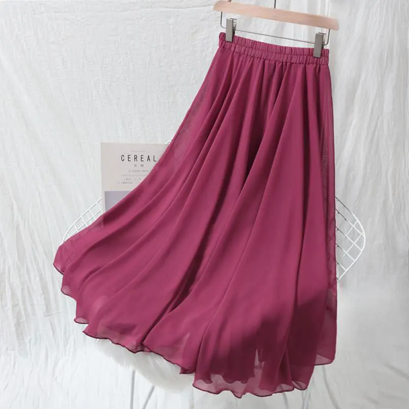 

New Arrival Summer Chiffon Skirt Korea Fashion Prairie Chic Women High Waist Swing Skirts Sweet A-line Ankle-length Skirt D184