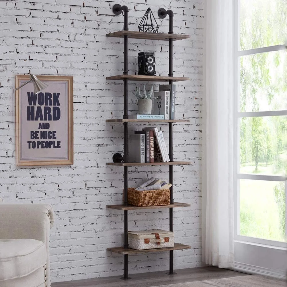 

Industrial 6-Tier Modern Ladder Shelf Bookcase Vintage Metal Pipes&Wood Shelves Rustic Display Bookshelf for Storage Collection