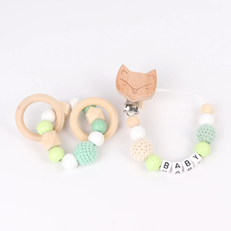 

3 Pcs/Set Baby Pram Pendant Rattle Pacifier Chain Clip Bracelet Wooden Teether DXAD