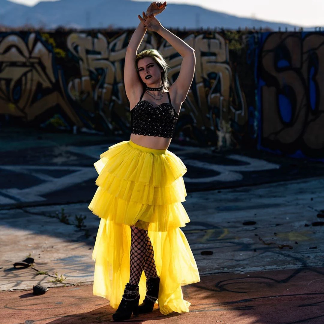 

Модная бальная юбка ярких цветов с высоким и низким желтым слоем, бальное платье из фатина с оборками, длинная юбка до пола с высокой эластич...