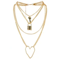new simple personality multi layer clavicle chain key lock necklace female european geometric heart pendant necklaces for women
