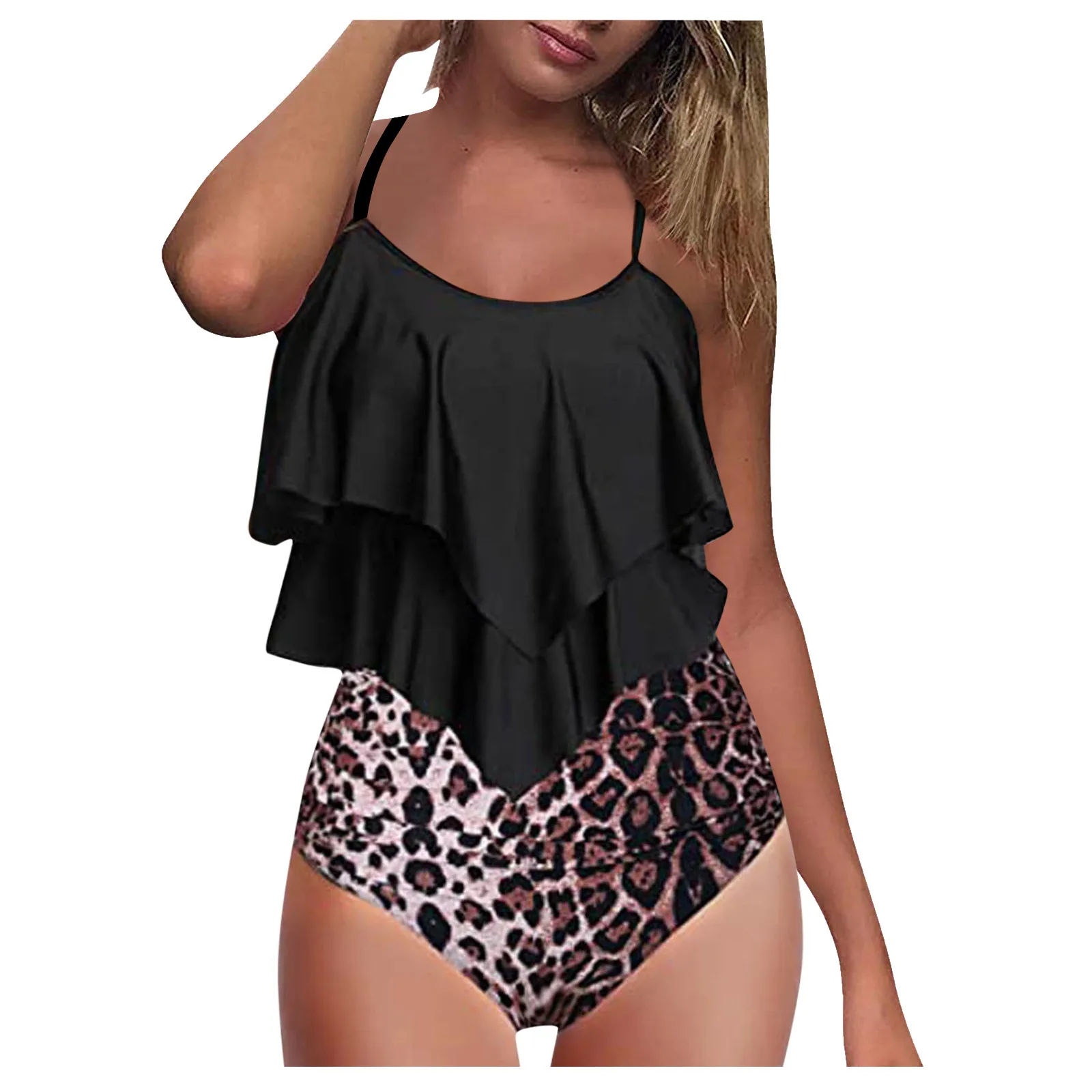 

Ladies sexy hot sale кђпалник для девоки ruffle pattern print high breast contrast gradient split comfortable bikini F4*