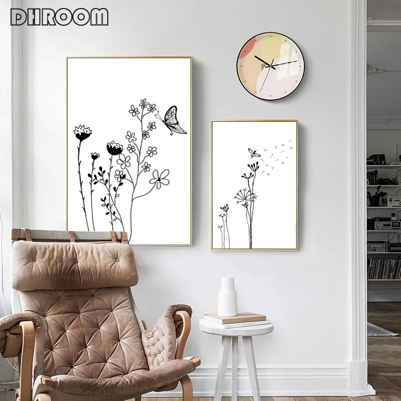 Абстрактная Настенная картина Одуванчик холст плакат черный белый цветок