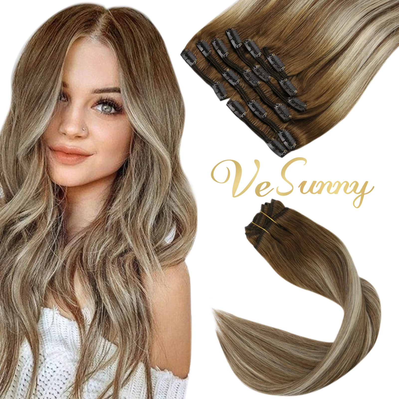 VeSunny Double Weft Clip in Hair Extensions Real Human Hair 7pcs 120gr Clip Hair Balayage Medium Brown Highlights Blonde Toupet