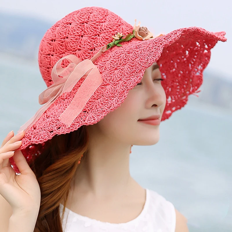 

Summer Flower Raffia Bow Sun Hat for Women Large Brimmed Hat Folding Beach Sun Protection Straw Hat SWD889