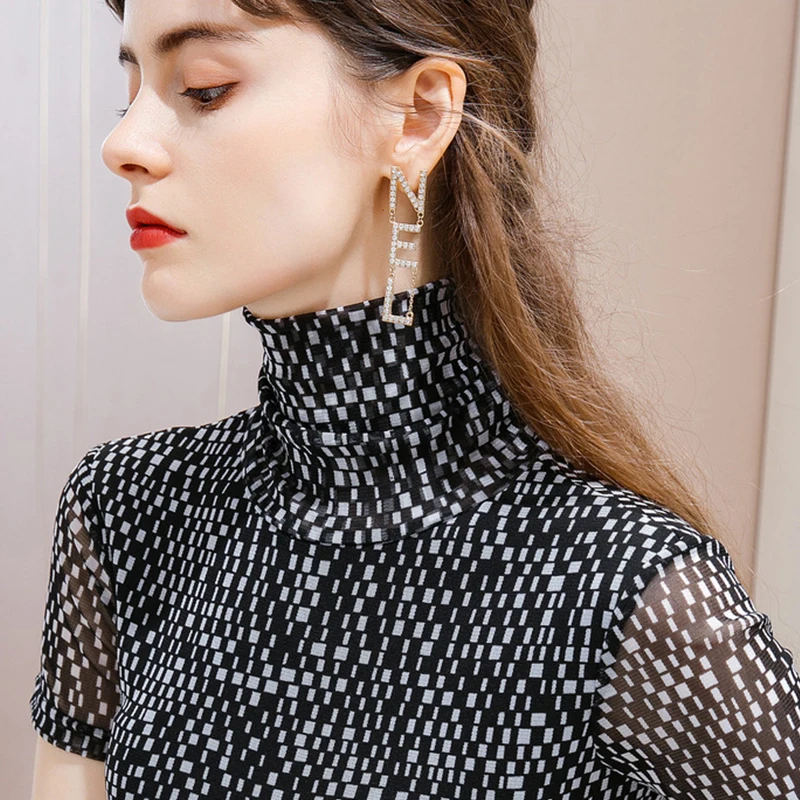 

T Shirt Blouse Lace Tops Sexy Black Clothing Mesh Women Hollow Transparent Fashion Short Sleeve Turtleneck Office Lady Chiffon