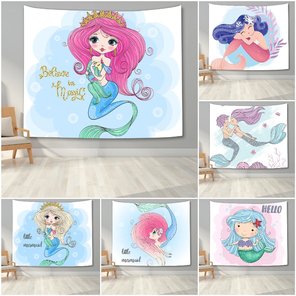 

3D с мультипликационным принтом в виде красивой русалки узор гобелен детская Спальня настенный гобелен Одеяло декоративное фоновое полотно...