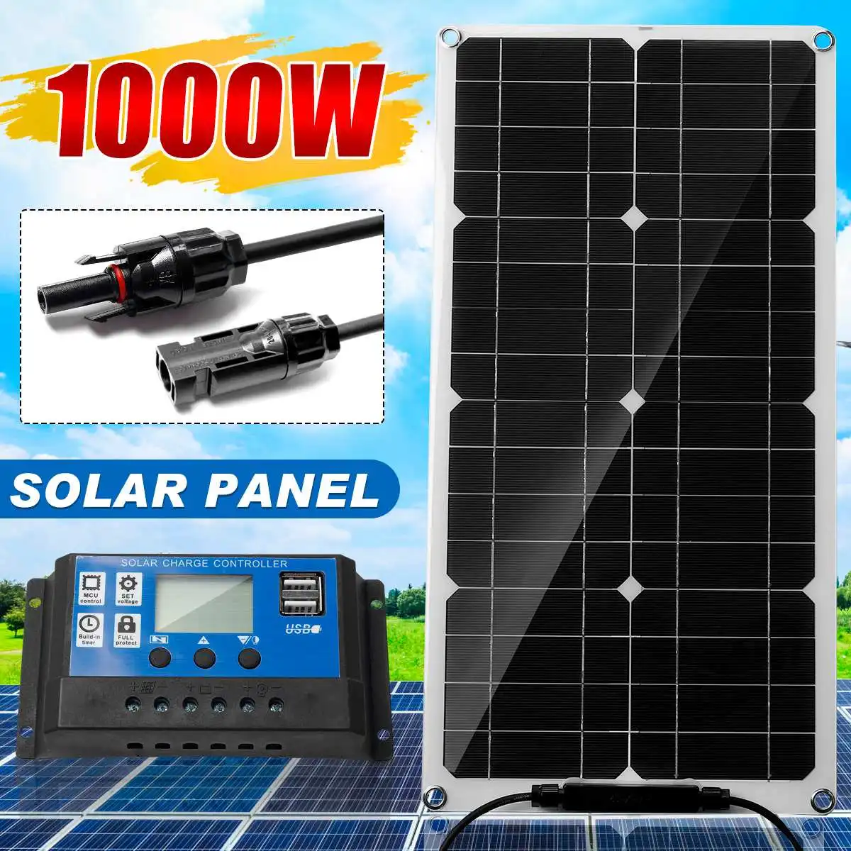 

1000W 12V Solar Panel Kit USB Charging Solar Cell Board for Phone RV Car MP3 PADWaterproof Outdoor Battery Supply 30A Controller