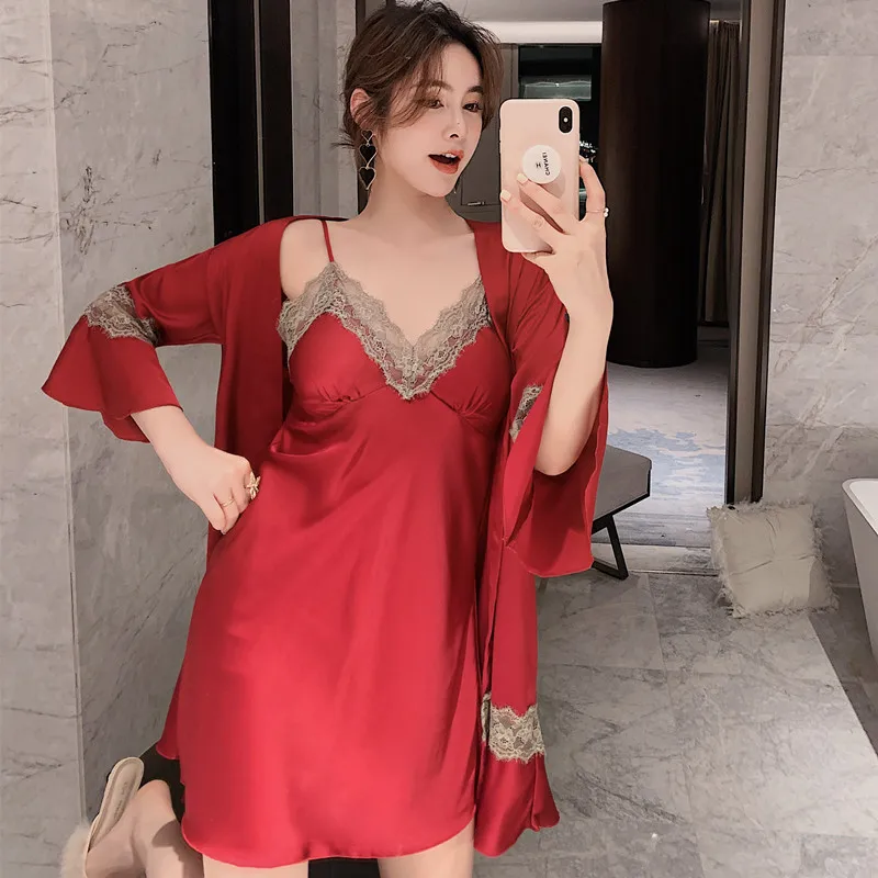 

Burgundy Twinset Robe Set Female Kimono Bathrobe Gown Casual Loose 2PCS Sleepwear Sexy Lace Trim Nightwear Satin Home Wear