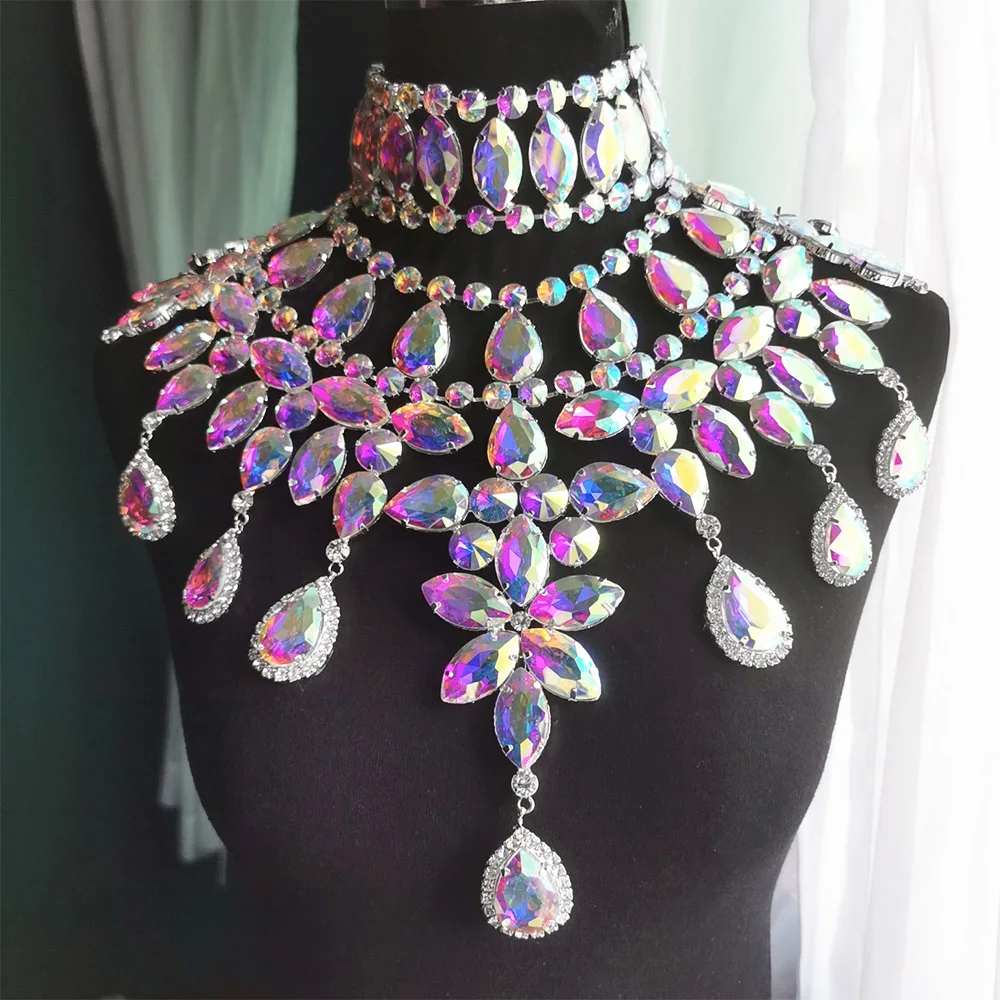 CuiEr-Conjunto de 2 unids/set de COLLAR COLGANTE grande para mujer, Gargantilla, Drag Queen, joyas de cristal enormes-0