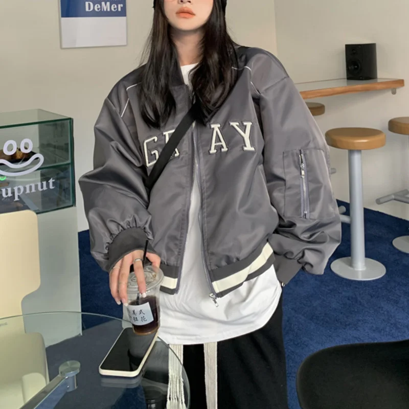 

Street Style Letter Embroidery Loose Bomber Jacket Women's Autumn Design Long Sleeve Jacket Top Rac