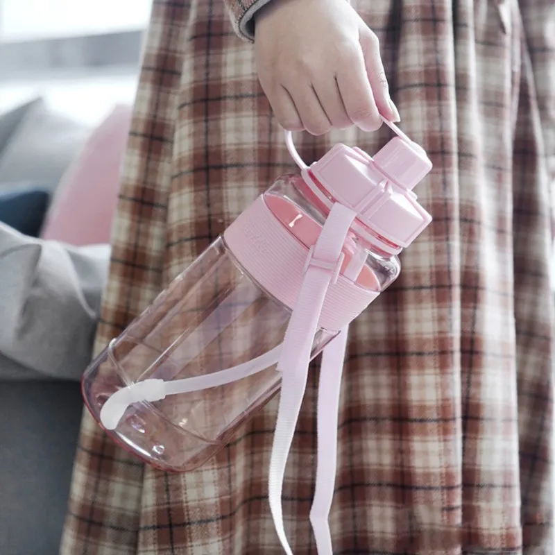 

Large Capacity Water Bottle With Scale Plastic Cup Outdooor Portable Summer Tumbler With Straw Strap 1000ML Drinking Straws Cup