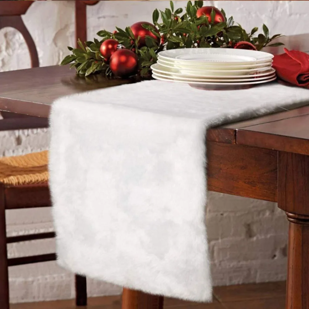 

1PCS Household Warm Christmas Table Runner Snowy White Faux Fur Table Runner For Christmas Table Decorations