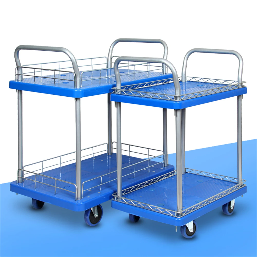 

Warehouse Truck Tool Cart Three-Layer Full Silence for Luggage Travel Auto Flatbed Double Handrail with Guardrail