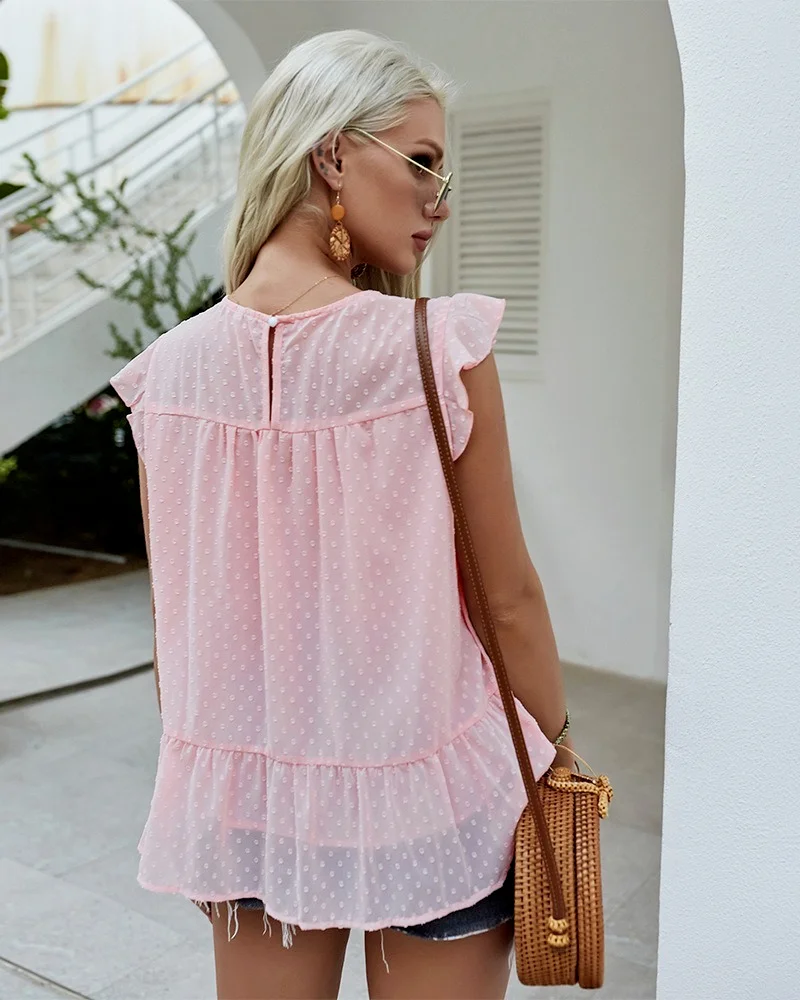 

JYCUSSDE 2021 Summer Elegant Solid Crew-Neck With Slit At C.B Neck Flying Sleeveless Woven Fabric Loose Top For Women